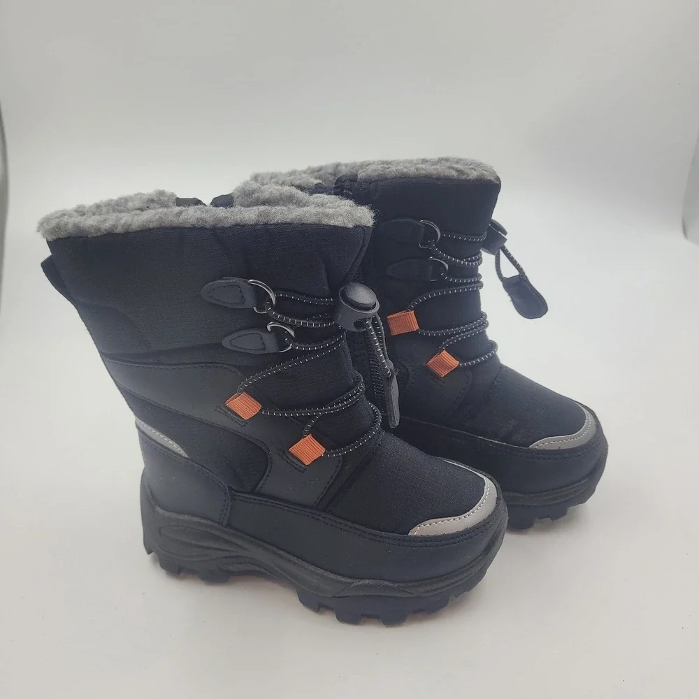 Black Winter Snow Boots Kids Size 8C Faux Fur Lined Bungee Zip Reflective Trim